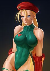 1girls 2022 beret big_breasts blonde_hair blue_eyes breasts cammy_white face_markings female female_only fully_clothed gauntlets green_clothing hair_over_face hat hourglass_figure insignia leaning_to_the_side leg_markings leotard looking_away solo street_fighter tomboy wide_hips zet92