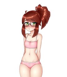 1girls :3 bangs blue_eyes blush bra brown_hair dojipan female female_only flat_chest flat_chested freckles freckles_on_face freckles_on_shoulders freckles_on_thighs glasses green_eyes k-t_(lugame) lipstick looking_at_viewer lugame panties petite smooth_skin spewing_mews thick_eyebrows thick_thighs tight_clothing transparent_background tummy underwear