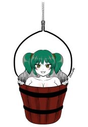 1girls big_breasts bucket fingernails green_eyes green_hair implied_nudity kisume naked no_humans seireiart smile team_shanghai_alice touhou twintails watermark white_background white_body youkai