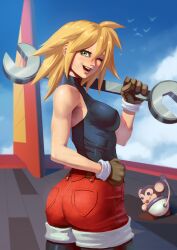 1girls 2021 armpits ass belt birds blonde_hair blue_sky blush bodysuit booty_shorts clothed clouds data_(mega_man) female female_focus gloves green_eyes hand_on_hip holding_weapon looking_back looking_back_at_viewer mega_man mega_man_legends monkey nipple_bulge robot roll_caskett shorts sideboob smile tail tomboy wink wrench zet92