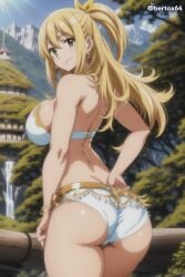 1girls ai_generated bertox64 big_breasts bikini blonde_hair brown_eyes busty fairy_tail female female_only from_behind hair_bow hand_on_hip jewelry large_breasts legs long_hair looking_at_viewer looking_back lucy_heartfilia outside ponytail sensual sideboob skindentation smile solo sunlight thick_thighs thighs white_bikini