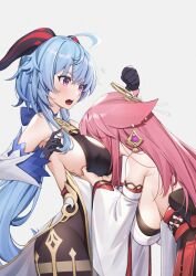 2girls animal_ears big_breasts blue_hair breast_grab earrings face_between_breasts face_in_breasts female female_only ganyu_(genshin_impact) genshin_impact gloves hair_ornament hi_res highres horns large_breasts long_hair mole mole_on_breast pink_hair piyo_(pixiv_2308057) purple_eyes sideboob thick thick_thighs voluptuous yae_miko