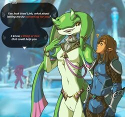 absurd_res anthro armor clothed clothing female fish genitals hi_res horn humanoid hylian jewelry link male mammal marine nintendo nude pepprnsalt prince_sidon pussy sidon_(zelda) smile tears_of_the_kingdom text the_legend_of_zelda yona_(zelda) zora