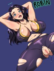 1girls big_breasts black_hair breasts female female_focus female_only green_eyes guabeyo huge_breasts light-skinned_female light_skin looking_at_viewer looking_pleasured nico_robin nipple_bulge nipples nipples_visible_through_clothing nyabeyo one_piece post-timeskip pussy ripped_clothing saliva solo solo_female solo_focus spread_legs spreading thick_legs thick_thighs tongue