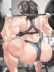 1girls amazon biceps bodybuilder broad_shoulders extreme_muscles female jin-jin mask muscles muscular muscular_female ponytail sports_bra squat squatting sweat sweating sweaty sweaty_body tagme thighs