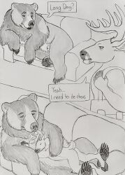 animal_genitalia anthro anthro_on_feral bear brown_bear cervine comic cuddling deer duo embrace feral furniture genitals grizzly_bear hair hgythshs hi_res hug kuruk_(character) male male/male mammal mane mane_hair pawpads paws roommate sheath size_difference sofa ursine zoophilia