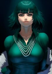 1girls 2021 big_breasts black_clothing black_hair breasts clothed fubuki_(one-punch_man) fur_coat green_clothing green_eyes green_hair hourglass_figure looking_at_viewer necklaces one-punch_man slight_smile zet92