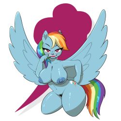 anthro big_areola big_nipples biped bite blue_body breasts bubble_butt cutie_mark equid equine erect_nipples feathered_wings feathers female finger_bite finger_in_mouth friendship_is_magic hair hasbro hi_res horse huge_areola huge_breasts huge_nipples justyourdad mammal multicolored_hair multicolored_tail my_little_pony navel nipple_piercing nipples nude pegasus pierced_nipples pony rainbow_dash_(mlp) simple_background solo spread_wings tail thick_thighs wings