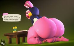 1boy animal_crossing anthro ass balls big_ass big_butt bubble_ass bubble_butt femboy huge_ass lagomorph large_ass looking_at_viewer looking_back male male_only penis pink_fur rabbit seductive_look snake_(animal_crossing) table text thick_thighs totallyd wide_hips