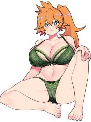 1girls bare_shoulders barefoot bellupup belly belly_button big_breasts blue_eyes blush bra breasts cleavage clothing female female_only green_bra green_panties itsuka_kendou kendou_itsuka large_breasts long_hair looking_at_viewer matching_underwear my_hero_academia open_mouth panties ponytail solo spread_legs thick_thighs thighs thong wide_hips