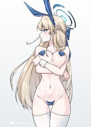 1girls 2023 absurd_res blonde_hair blue_archive blue_eyes bunny_ears bunny_ears_(cosmetic) bunnysuit detached_collar double_v female female_only lonerfox_(artist) long_hair looking_at_viewer neck_ribbon slit_pupils solo toki_(blue_archive) toki_(bunny)_(blue_archive) v_sign white_background wrist_cuffs