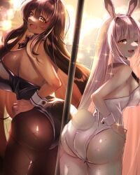 2girls absurdres animal_ears ascot ass black_ascot black_bow black_bowtie black_leotard black_pantyhose blanc_(nikke) blunt_bangs bow bowtie breasts brown_hair dark-skinned_female dark_skin detached_collar fake_animal_ears fake_tail fishnet_pantyhose fishnets from_behind fujisaki_subaru goddess_of_victory:_nikke hair_intakes highres huge_ass large_breasts leotard long_hair looking_at_viewer medium_breasts multiple_girls noir_(nikke) one_eye_closed open_mouth pantyhose playboy_bunny pole rabbit_ears rabbit_tail shimaidon siblings sisters strapless strapless_leotard tail very_long_hair white_hair white_leotard wrist_cuffs yellow_eyes