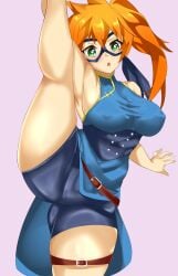 1girls belt big_breasts breasts domino_mask eine female female_only flexible flexing hero_outfit_(mha) itsuka_kendou kendou_itsuka large_breasts leg_strap looking_at_viewer my_hero_academia nipples_visible_through_clothing ponytail qipao shorts solo thick_thighs thighs