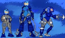 3girls bionicle blue_hair breasts lego matoran multiple_girls nipples nokama nokama_(hordika) nude nude_female orange_eyes pussy robot robot_girl size_difference toa vagina weapon yurii_(artist)