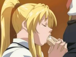 1boy animated bible_black blonde_hair closed_eyes fellatio female gif male open_fly oral ponytail saeki_kaori solo_focus