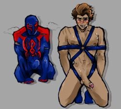 bedsidecake blush blushing bondage boner boner_in_pants cum dilf male male_only marvel mask masked masked_male men miguel_o'hara penis solo solo_male spider-man spider-man:_across_the_spider-verse spider-man:_into_the_spider-verse spider-man_(series) spider-man_2099 sweat sweating