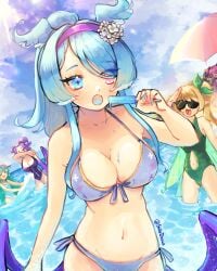 4girls beach bikini bikini_top blonde_hair blue_eyes blue_hair eating elira_pendora female female_only finana_ryugu green_hair ice_cream nijisanji nijisanji_en petra_gurin pomu_rainpuff purple_hair rosemi_lovelock selen_tatsuki shibedraws smile sunglasses tagme virtual_youtuber