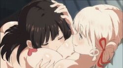 2girls aesthetic animated ass big_breasts black_hair blonde_hair blush bow closed_eyes eyebrows_visible_through_hair female female_only gif inoue_takina light-skinned_female light_skin lycoris_recoil multiple_girls nishikigi_chisato or2_(sahr7857) wholesome yuri