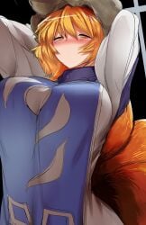 1girls arms_behind_head big_breasts blonde_hair blush busty female female_only fox_girl hi_res horny large_breasts looking_at_viewer mizuga pose posing ran_yakumo solo touhou voluptuous