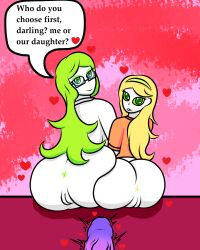 1boy 2girls anus ass ass_focus blonde_hair candy_(zaftero) clothed clothing daughter dick father father_and_daughter glasses green_eyes green_hair green_sclera inviting inviting_to_sex looking_at_viewer mother mother_and_daughter oyakodon penis pussy sofia_(zaftero) vagina yellow_hair yurii_(artist)