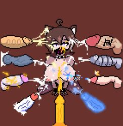 1futa 1girls 8boys alternate_version_available animal_ears animal_genitalia animal_penis areolae artist_request balls big_breasts breasts brown_hair bukkake cat_ears catgirl collar colored_cum cum cum_in_hair cum_on_breasts cum_on_face cum_on_mask ejaculation facial female female_focus food_creature glowing_cum glowing_penis group hands-free handsfree_ejaculation humanoid humanoid_penis kemonomimi kneeling light-skinned_female light_skin looking_at_viewer male mask masked_female nipples nude penis pierced_nipples piercing pixel_art purple_eyes robot robotic_penis simple_background solo_focus source_request thighhighs tomboy