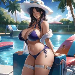 1girls ai_generated big_breasts caitlyn_kiramman cixf eyewear_on_head huge_breasts league_of_legends pool_party_caitlyn pool_party_series riot_games sunglasses_on_head thick_thighs