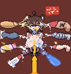 <3 1futa 1girls 8boys alternate_version_available animal_ears animal_genitalia animal_penis areolae artist_request balls big_breasts breasts brown_hair bukkake cat_ears catgirl collar colored_cum cum cum_in_hair cum_in_mouth cum_on_breasts cum_on_face cum_on_tongue drooling ejaculation facial female female_focus food_creature glowing_cum glowing_penis group hands-free handsfree_ejaculation heart humanoid humanoid_penis kemonomimi kneeling light-skinned_female light_skin looking_at_viewer male nipples nude penis pierced_nipples piercing pixel_art purple_eyes robot robotic_penis simple_background solo_focus source_request speech_bubble thighhighs tomboy tongue tongue_out veiny_penis zoophilia