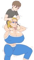 blonde_hair blue_eyes cleavage exercise fit_female flaccid gigantic_breasts gym huge_breasts huge_cock hypermommy incest larger_female leggings lifting_person midriff mother mother_and_son older_female penis penis_on_shoulder penis_through_leghole ponytail small_but_hung smaller_male sports_bra sportswear squat squatting sweat thick_penis wardrobe_malfunction weightlifting yoga_pants younger_male