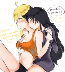 2girls ahoge animal_ears artist_request black_hair blake_belladonna blonde_hair blush breast_grab canon canon_couple cat_ears catgirl cleavage closed_eyes clothed clothed_sex color digital_drawing_(artwork) duo faunus female_only fully_clothed groping imminent_sex imminent_yuri kaxiew kemonomimi lesbian_sex licking long_hair midriff multiple_girls pajamas passionate purple_eyes rooster_teeth rwby shoulder_strap simple_background sleepwear source_request speech_bubble strap_slip sweat text tongue yang_xiao_long yuri