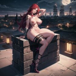 ai_generated big_breasts cixf crossed_legs high_heels huge_breasts katarina_du_couteau league_of_legends leg_strap nude riot_games rooftop thick_thighs