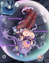 abyss_mage bondage bondage breasts electrostimulation english_text gag gagged genshin_impact keqing_(genshin_impact) kkurudesu nipple_clamps nipple_stimulation nipples stockings