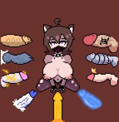 1futa 1girls 8boys alternate_version_available animal_ears animal_genitalia animal_penis areolae artist_request balls big_breasts breasts brown_hair cat_ears catgirl collar female female_focus food_creature glowing_penis group humanoid humanoid_penis kemonomimi kneeling light-skinned_female light_skin looking_at_viewer male mask masked_female nipples nude penis pierced_nipples piercing pixel_art purple_eyes robot robotic_penis simple_background solo_focus source_request thighhighs tomboy