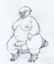 anthro avian balls beak bird breasts feathers furniture genitals herm hi_res intersex nipples overweight penis slightly_chubby solo stool tail_feathers traditional_media_(artwork) winged_arms wings yang_(artist)