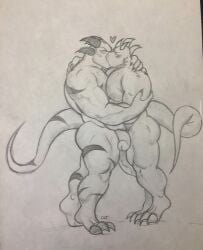 anthro ass big_butt big_muscles big_penis blush claws duo duo_focus grape_shifter hand_on_neck heart holding_each_other horns hugging kissing making_out male male/male male_only muscles muscular muscular_anthro muscular_arms muscular_legs muscular_male muscular_thighs nipples pecs pencil_(artwork) penis scalie tail thick_thighs