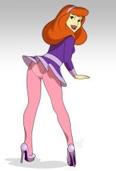 atomictiki axfa clothed clothing daphne_blake dress female female_only fully_clothed hair_band hanna-barbera high_heels looking_back orange_hair panties_under_pantyhose pantyhose pink_pantyhose presenting_hindquarters scooby-doo short_skirt skirt solo upskirt