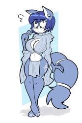 1girls 2022 big_breasts blue_fur blue_hair blush boob_window breasts buxy_xyz cleavage evolved_virgin_killer_sweater female female_only fluffy_tail fox krystal loincloth navel nintendo solo solo_female star_fox sweater tail white_fur