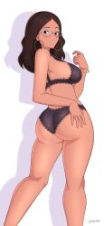 ass black_lingerie black_underwear bra dark-skinned_female female female_only glasses hoop_earrings lackatask light_blush looking_at_viewer looking_back oc original original_character panties sideboob solo underwear wedding_ring