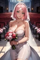 1girls ai_generated big_breasts blush boruto:_naruto_next_generations bride cleavage flowers green_eyes haruno_sakura holding_object huge_breasts jordan53 long_hair looking_at_viewer nai_diffusion naruto naruto_(series) pink_hair sakura_haruno smile stable_diffusion veil voluptuous wedding_dress wedding_veil