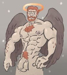 angel balls bara beard big_balls big_penis facial_hair flaccid halo male male_only milosoba1 muscles muscular nude penis solo solo_male wings