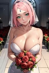 1girls ai_generated big_breasts blush boruto:_naruto_next_generations bride cleavage dress flowers green_eyes haruno_sakura holding_object huge_breasts jordan53 long_hair looking_at_viewer nai_diffusion naruto naruto_(series) pink_hair sakura_haruno smile stable_diffusion veil voluptuous wedding_dress wedding_veil