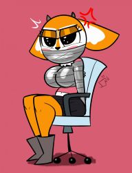 1girls 2022 aggressive_retsuko angry anthro blush bondage boots buxy_xyz chair deer female female_only navel red_background sanrio smooth_fur solo solo_female tape taped_mouth tied_to_chair tsunoda