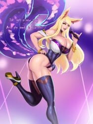 1futa 9_tails ahri aka6 animal_ears ass big_ass blonde_hair breasts bursting_breasts cleavage clothing dialogue erection erection_under_clothes futa_only futanari huge_breasts k/da_ahri k/da_series kemonomimi league_of_legends nine_tailed_fox penis skimpy solo solo_futa standing text thick_thighs vastaya