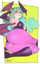 1girls arm_gloves ass capcom clothing darkstalkers demon_wings female female_only green_eyes green_hair head_wings heel_boots hi_res leotard long_hair looking_at_viewer lying lying_on_side medium_breasts morrigan_aensland norasuko on_side pantyhose pink_pantyhose solo solo_female solo_focus succubus thick_thighs wings