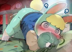 after_sex animal_crossing blonde_hair blush bunny bunny_ears bunny_tail confused dagasi femboy furry gay green_fur grey_eyes male male_only nintendo sasha_(animal_crossing) shocked surprised text time_resume white_fur yaoi