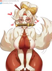 accessory alternate_species anthro bedroom_eyes blush breast_squish breasts canid canine canis cleavage clothed clothing cute domestic_dog eyelashes eyewear featureless_breasts female fluffy fluffy_tail fur furrification furry furry_only glasses hair hair_accessory heart hi_res looking_at_viewer mammal nails narrowed_eyes nintendo nonoka917 purah purah_(tears_of_the_kingdom) seductive solo squish tail tail_motion tailwag tears_of_the_kingdom the_legend_of_zelda thick_thighs white_body white_fur white_hair wide_hips