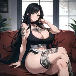 ai_generated big_breasts blacked blacked_clothing cixf couch crossed_legs dark_hair green_eyes gym_uniform huge_breasts long_hair original_character sitting sports_bra sportswear tattoo_on_belly tattooed_arm tattoos thick_thighs