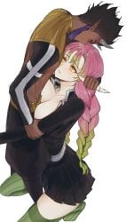 1boy 1boy1girl 1girls adult_and_teenager big_breasts big_thighs dark-skinned_male dark_hair demon demon_boy demon_horns demon_slayer dominant_male domination female green_eyes green_hair hantengu horn horns horny horny_female horny_male kanroji_mitsuri kimetsu_no_yaiba kmmd001 on_knees pale-skinned_female pink_hair red_eyes submissive submissive_female yellow_eyes zohakuten