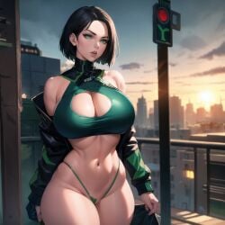 ai_generated big_breasts cixf half_naked huge_breasts riot_games rooftop thick_thighs valorant viper_(valorant)