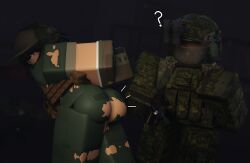 2boys 3d bent_over black_hair curious exposed_ass femboy feminine_male gay generic_male gun hands_behind_back hands_tied looking_at_another looking_at_partner looking_back may_(pptakkun) original_character plate_carrier pptakkun question_mark rifle ripped_clothing ripped_pants roblox robloxian soldier tactical_gear tactical_nudity thick_ass thick_eyebrows torn_clothes yaoi