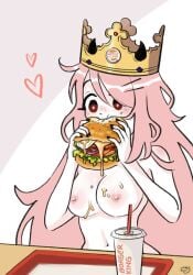 boobs borger breasts burger burger_king burger_king_crown crown june_(megrocks) long_hair megrocks naked original original_character paper_crown pink_hair succubus succubus_horns